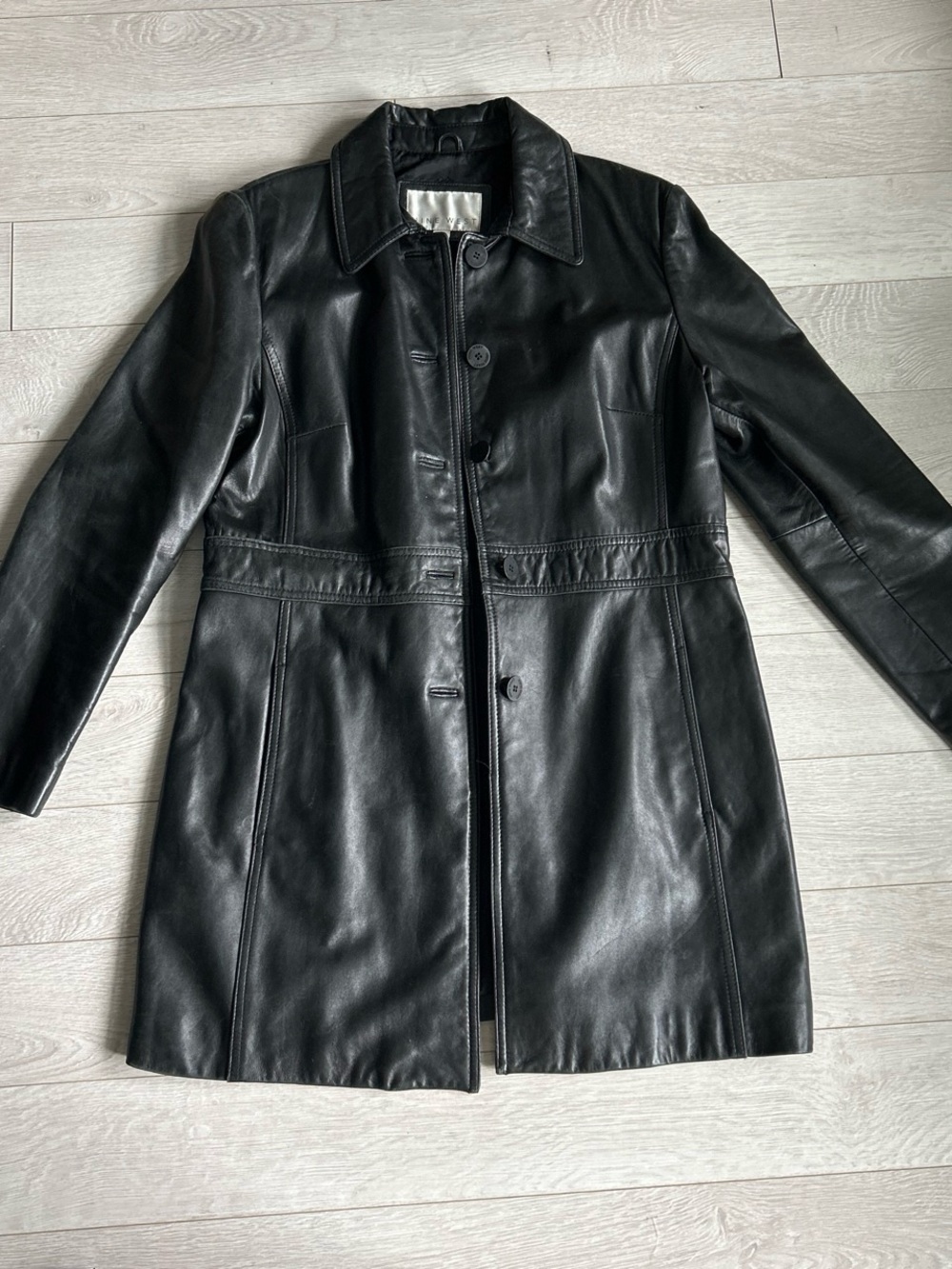 Nine West Sleek Black Leather Button-Front Coat